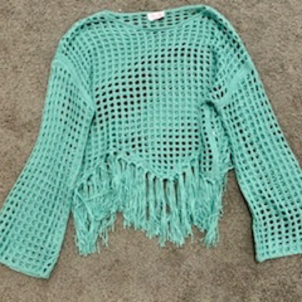 Pink Lily Teal Crochet Fringe Sweater